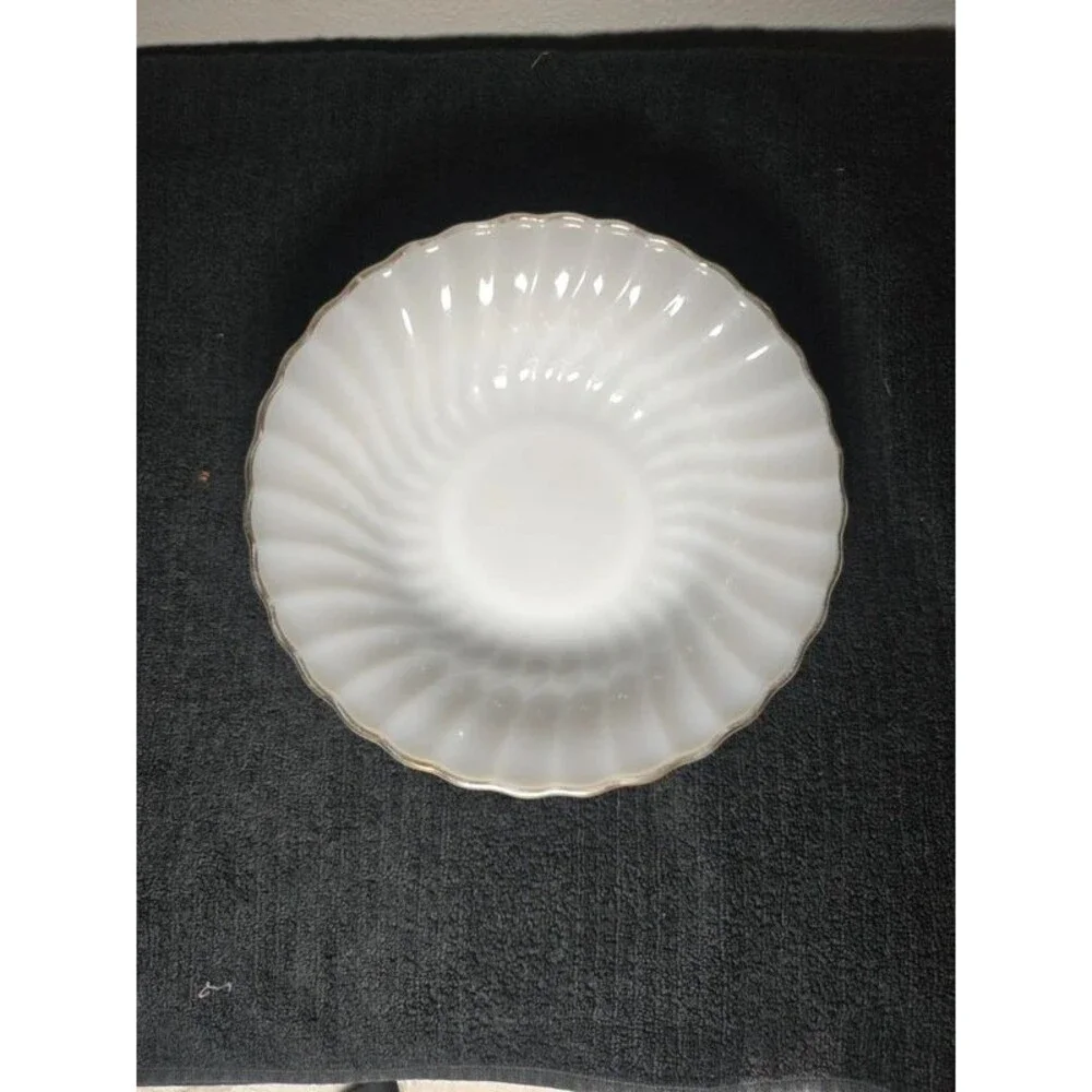 Vintage Anchor Hocking Fire-King Swirl Milk Glass Serving Bowl Gold Rim Wear